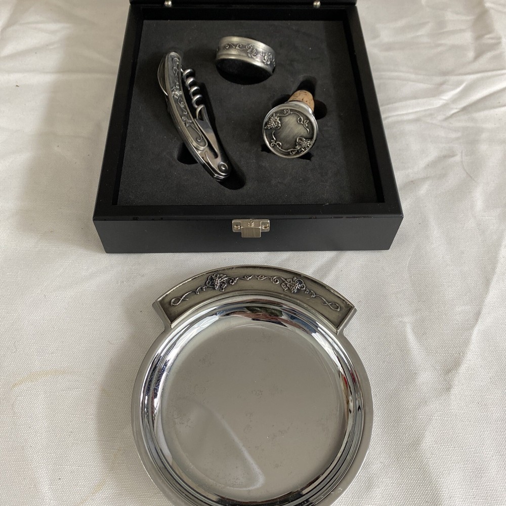 VTG 90s Grapevine Wine Accessory Set 4pc Corkscrew Stopper Drip Ring Coaster Box