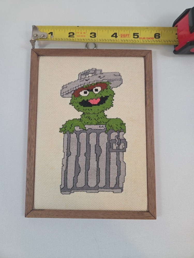Vintage Oscar The Grouch Needlework Piece In Frame
