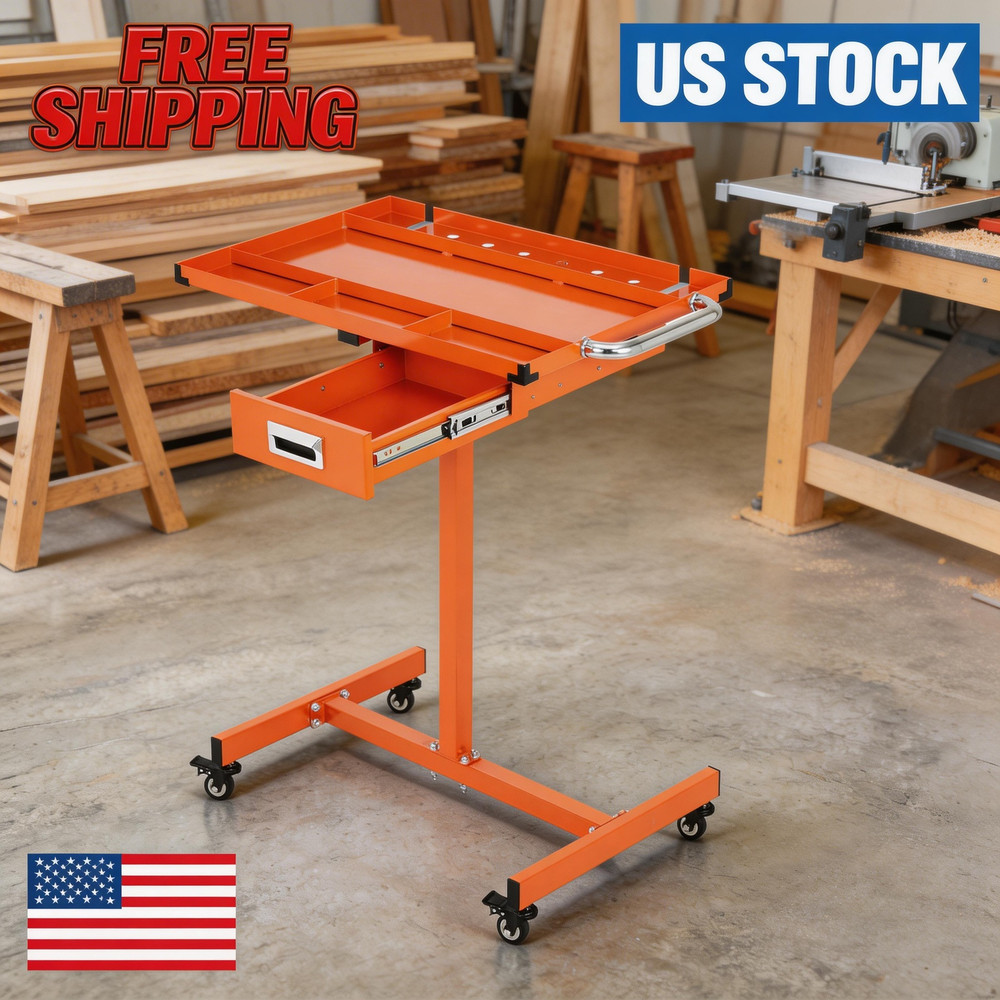 Steel Rolling Workbench with Locking Casters, Adjustable Height 35"-44.8"