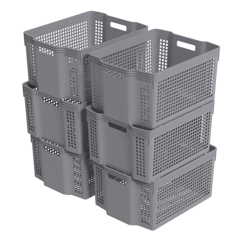 6-Pack Stackable Plastic Woven Basket Organizer, Stacking Storage Basket, Grey