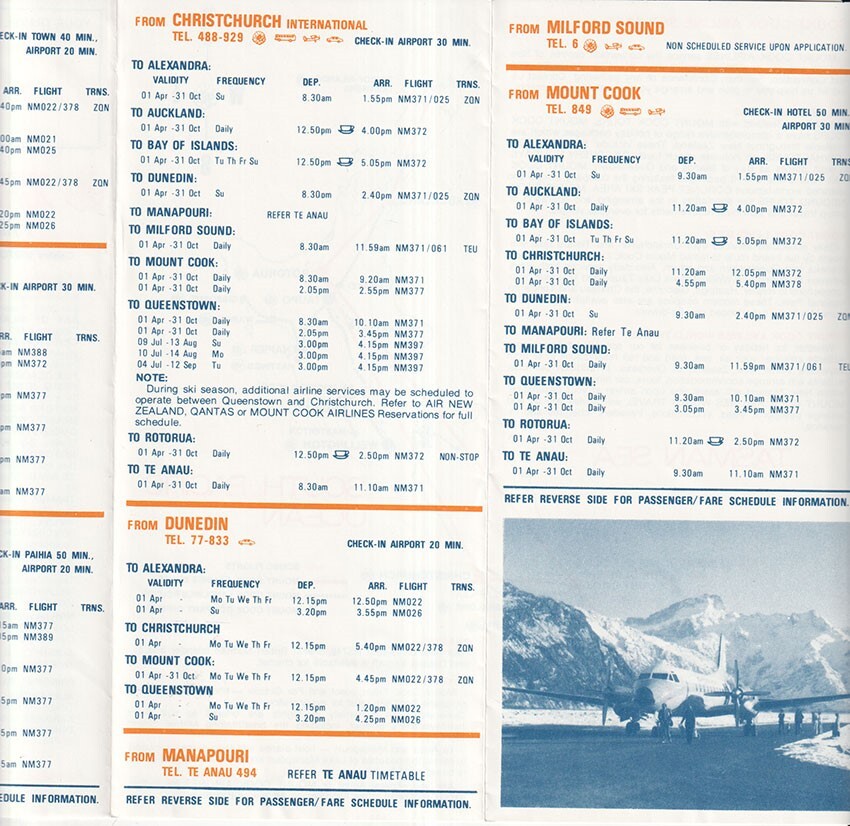 Mount Cook Airlines timetable 1978/04/01