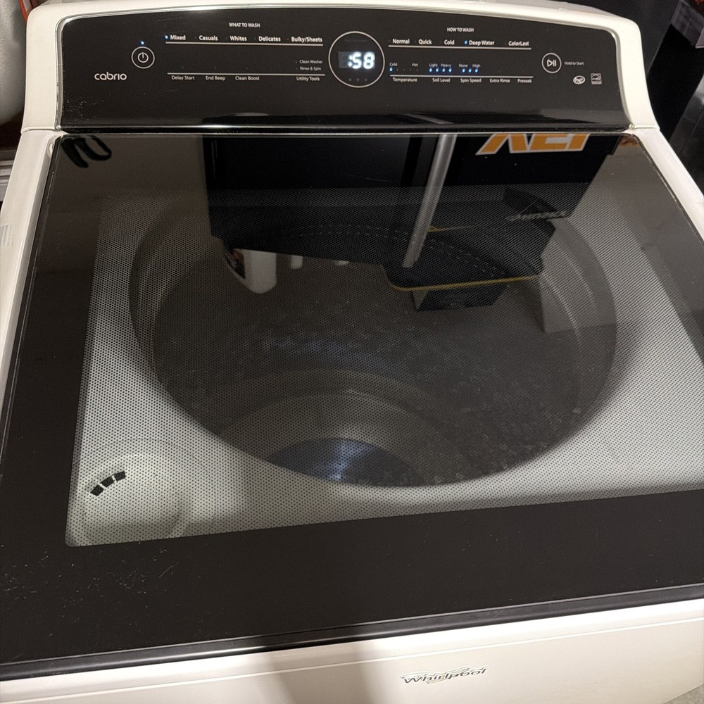White Whirlpool Cabrio Washing Machine with glass lid