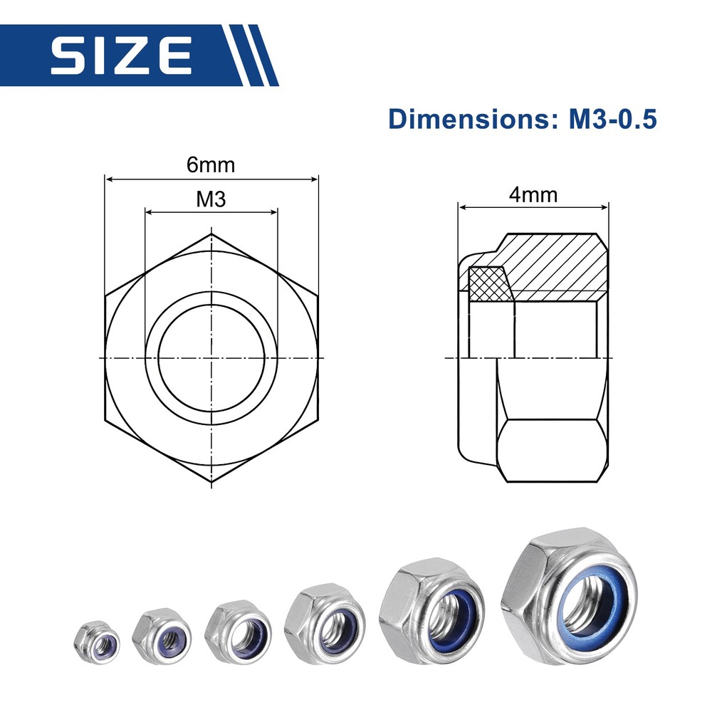 150Pcs Nylon Lock Hex Nuts - [M3-0.5], 304 Stainless Nuts, Silver