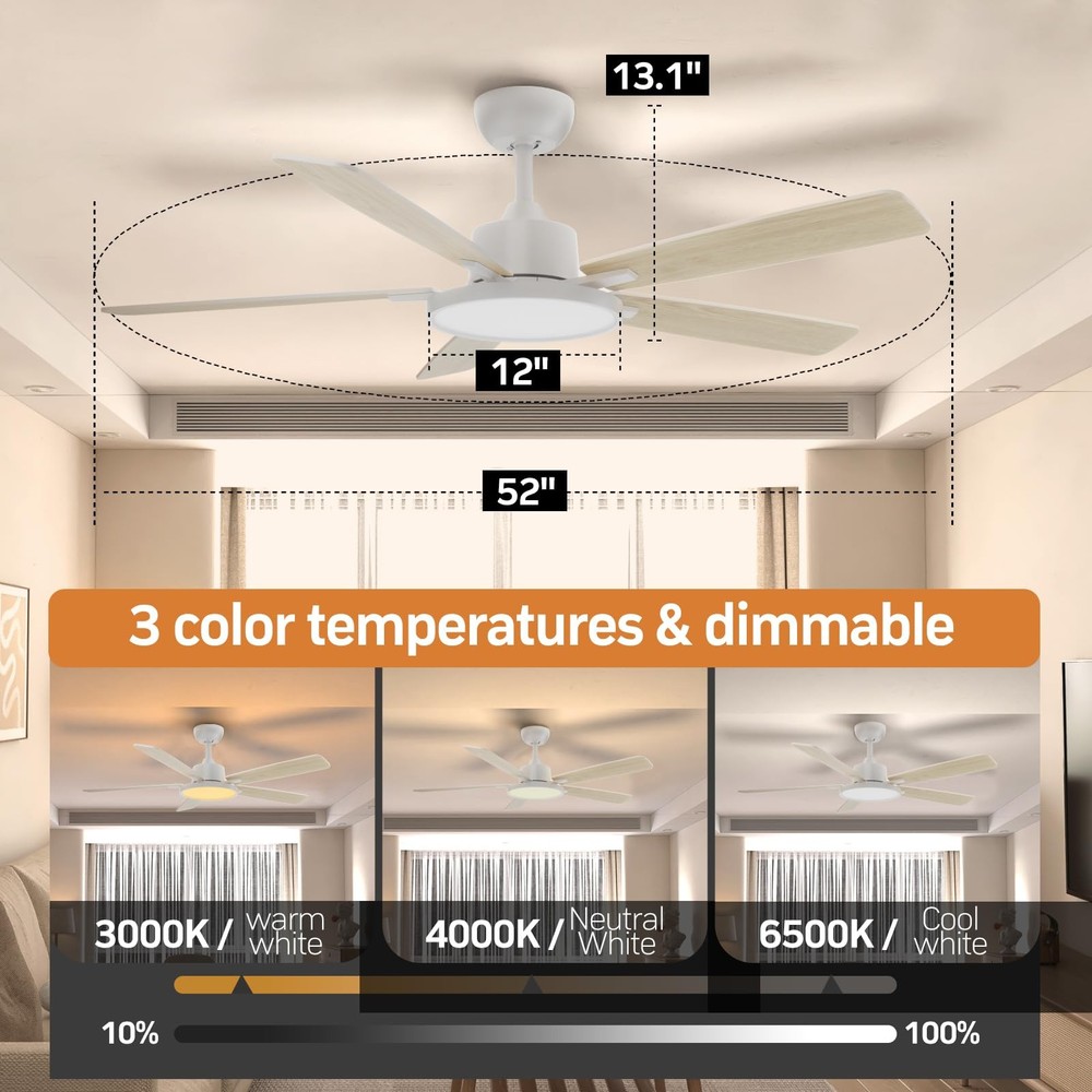52 Inch White Ceiling Fans with Lights Led Remote Control Flush Mount Low Pro...