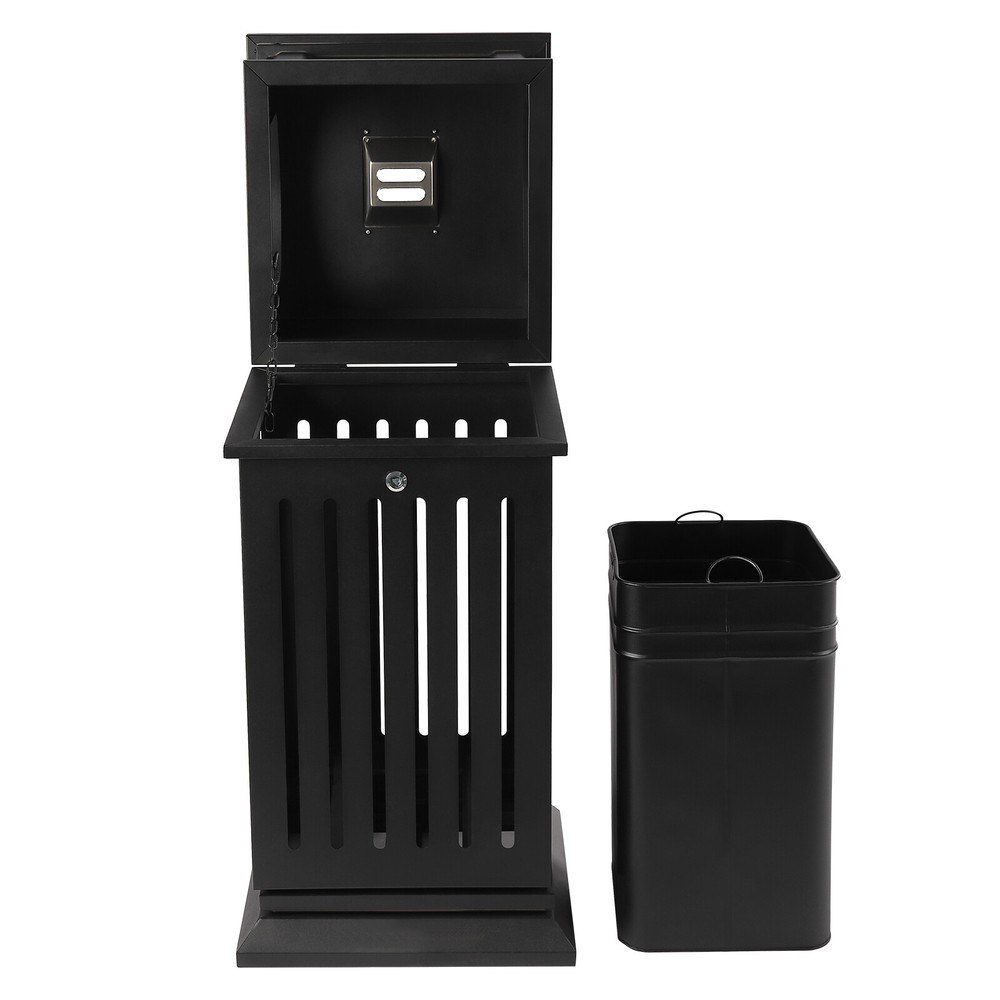 Trash Can Outdoor Dark Black Garbage Enclosure with Locking Lid Open Top inside