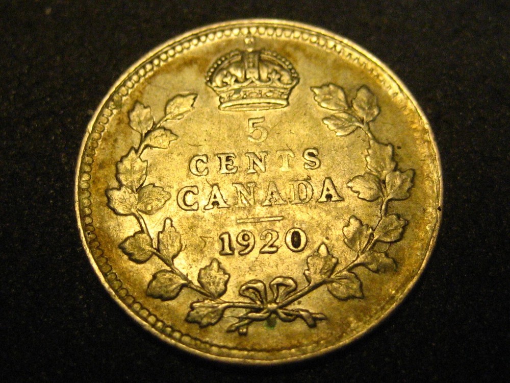 1920 Canadian 5 Cent Silver AU ERROR CUD UNDER KING GEORGE