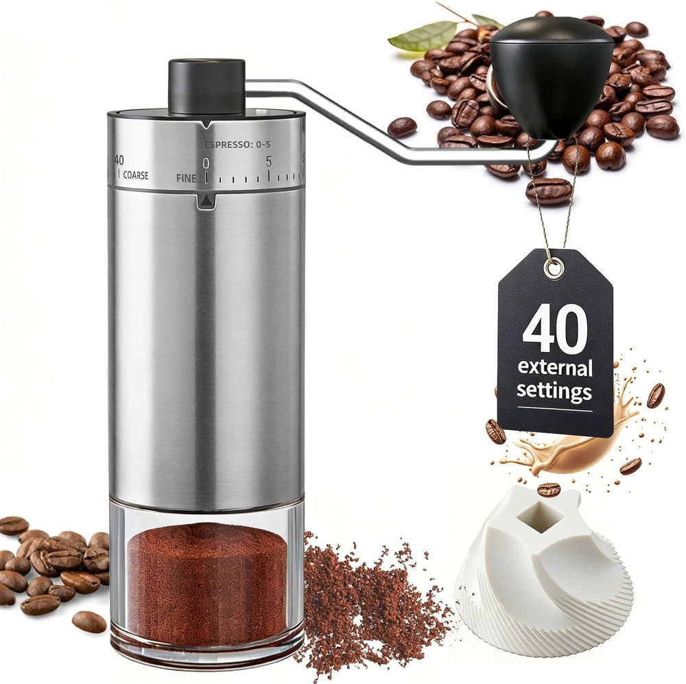 Manual Coffee Grinder 40 External Adjustable Settings, Ceramic Conical Burr Stai