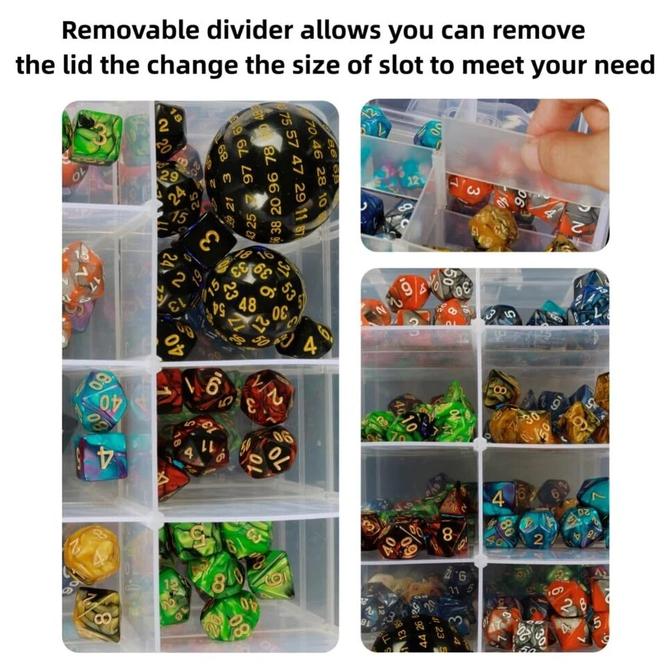 Dice Storage Box with Removable Dividers Polyhedral Dice Plastic Organizer