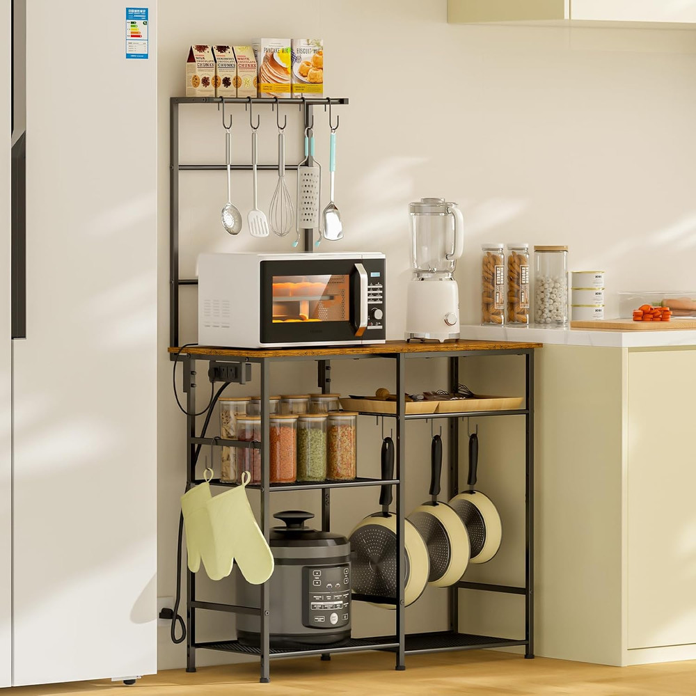 Bakers Rack with Power Outlet, Kitchen Microwave Stand with 10 S-Shaped Hooks, 6