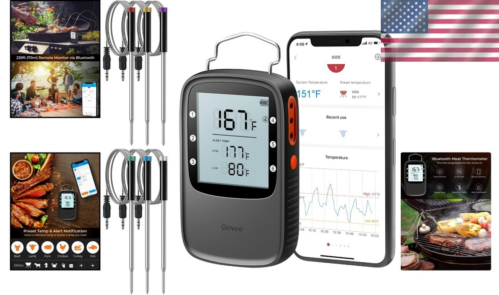 Wireless Meat Thermometer with 6 Probes and Smart LCD Backlight - Precision C...