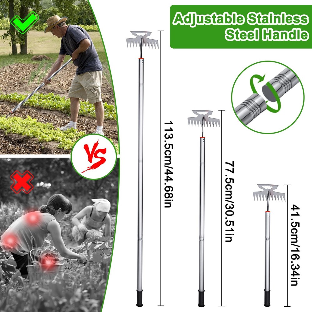 New Adjustable Uprooting Weeding Tool with Long Handle,11-Teeth Weed Puller R...