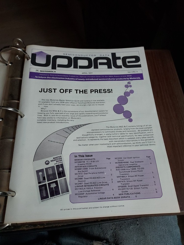 MOTOROLA PRODUCE REFERENCE UPDATE SEMICONDUCTOR DATA UPDATE APRIL 1977 VOL 2 # 2