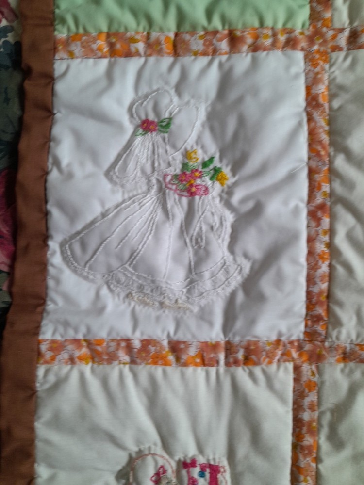 Vintage Handmade Embroidered Patchwork Crib Cot Pram Cover