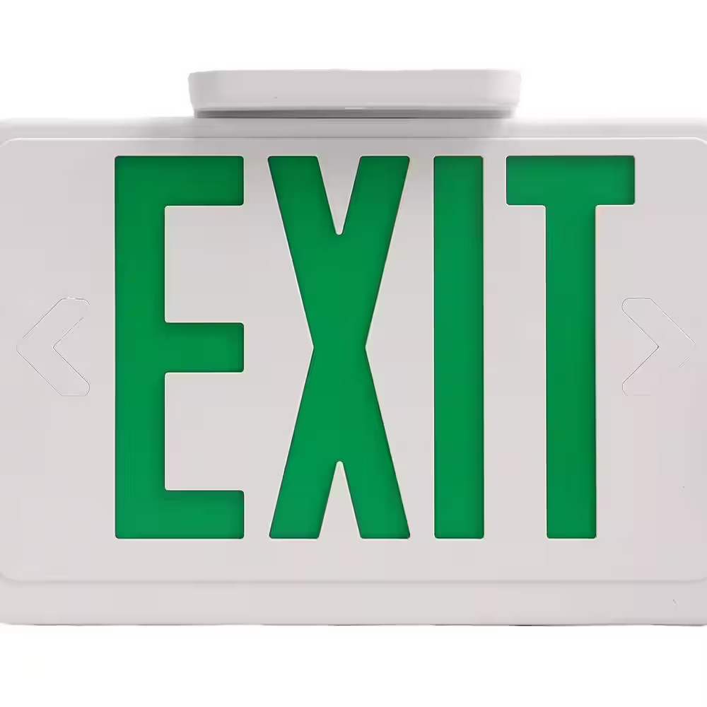 Modern LED Exit and Emergency Combo Light, 2 Adjustable Heads with Green Letters