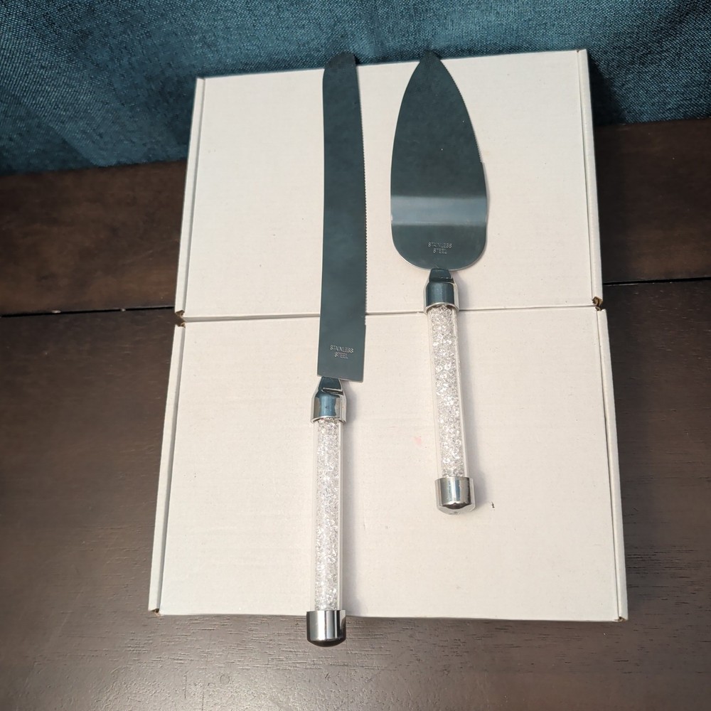 Mr & Mrs Wedding Cake Server Knife Set | Crystal Filled Bling Handle Stainless