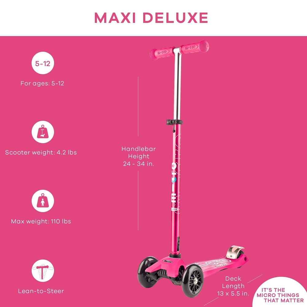 Micro Kickboard - Maxi Deluxe 3-Wheeled, Lean-to-Steer, Swiss-Designed Micro ...