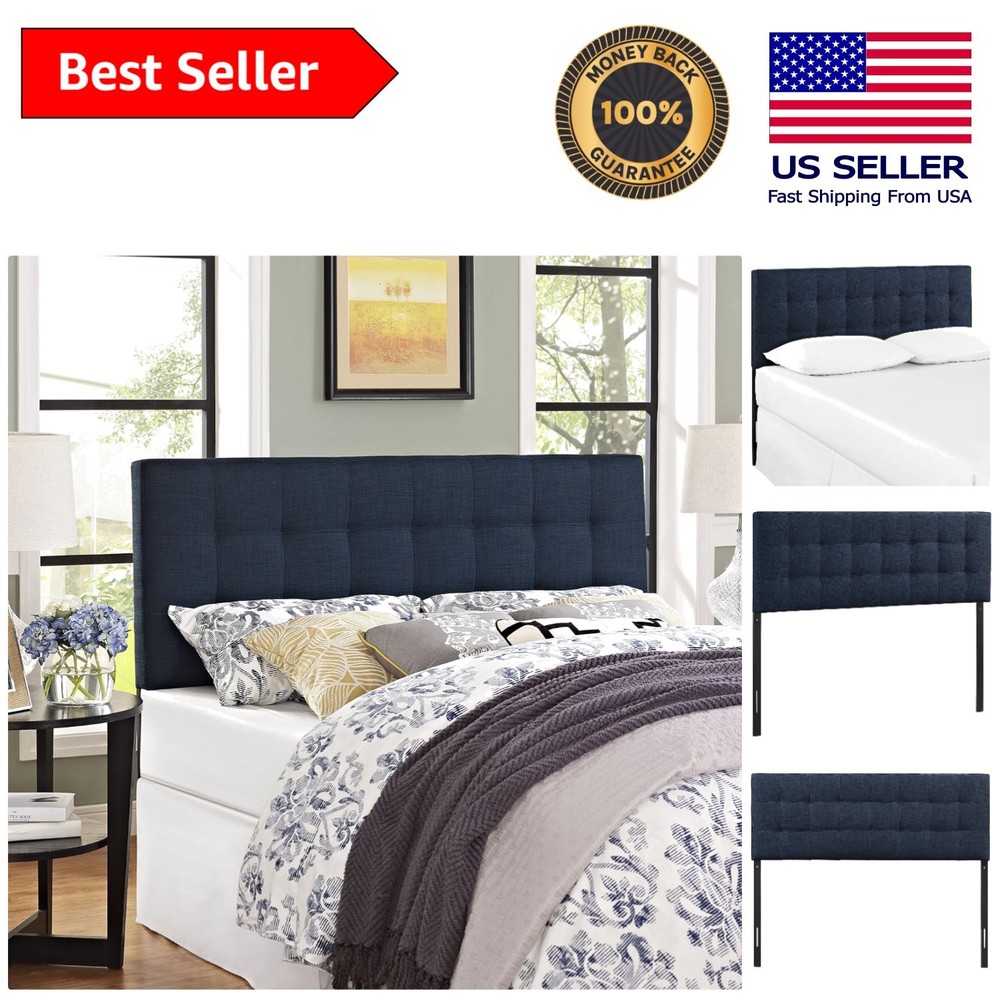 Modern Navy Upholstered Queen Headboard - Tufted Design with Adjustable Height
