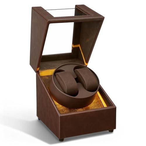 Watch Winder with Led Light, Dual Watch Winder Box for Automatic Brown