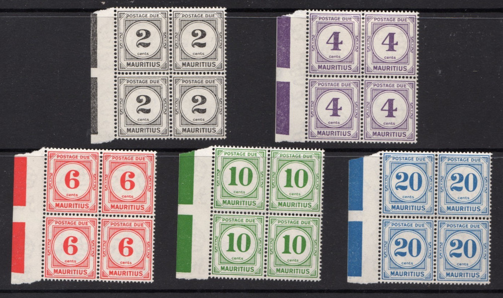 MAURITIUS; 1966 Postage Due issues, D8 -12 IN UMM /LMM MARGINAL BLOCKS 4