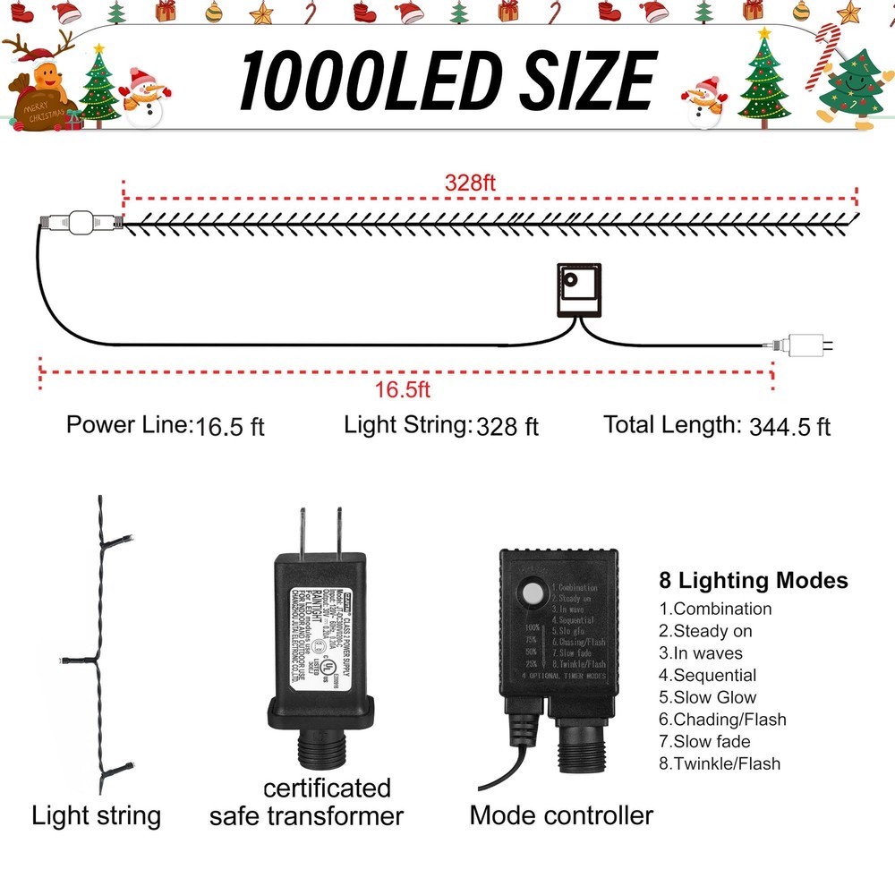 weillsnow 328 FT 1000 LED Christmas String Lights with Remote & Timer, 8 Lightin