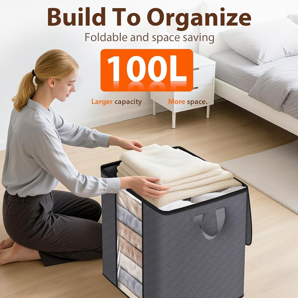SpaceWhisper 3 Pack 100L Clothes Storage, Foldable Thick Fabric Blanket Storage
