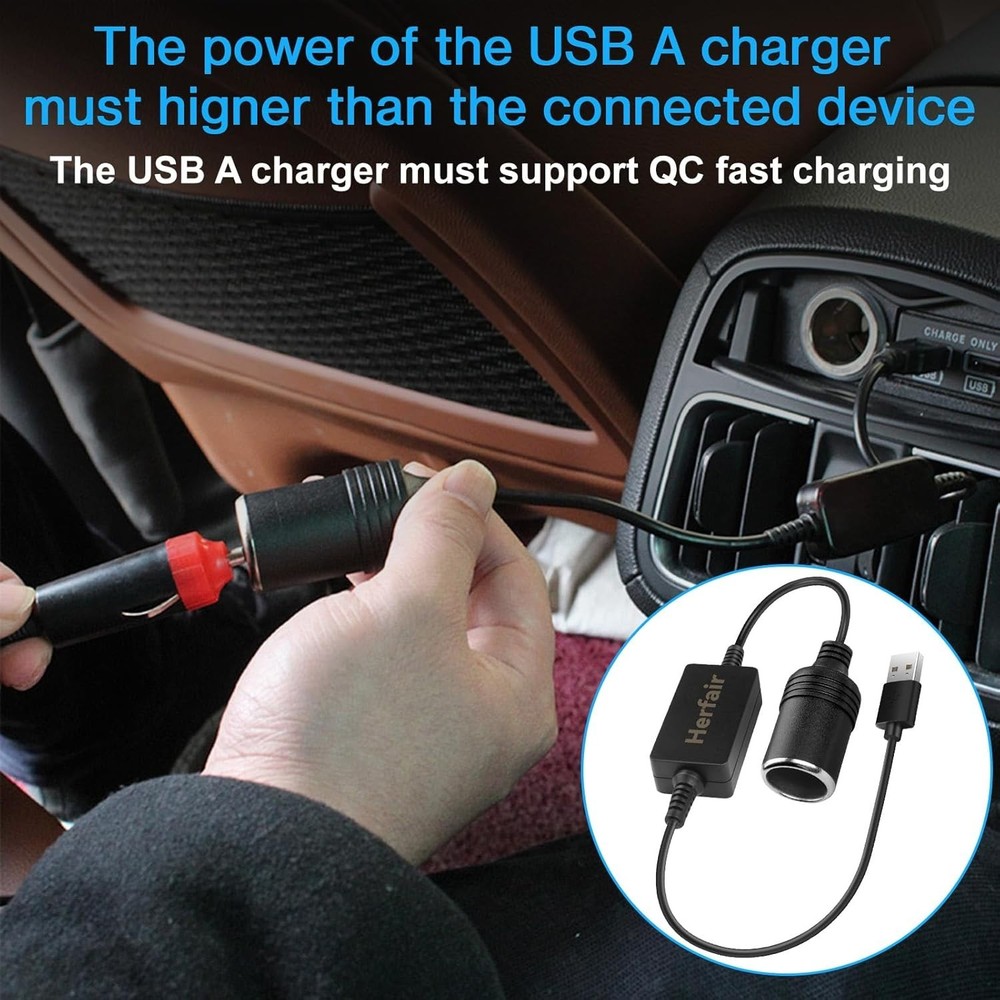 USB A to 12V Cigarette Lighter Socket Adapter - QC Fast Charging, Safe & Durable