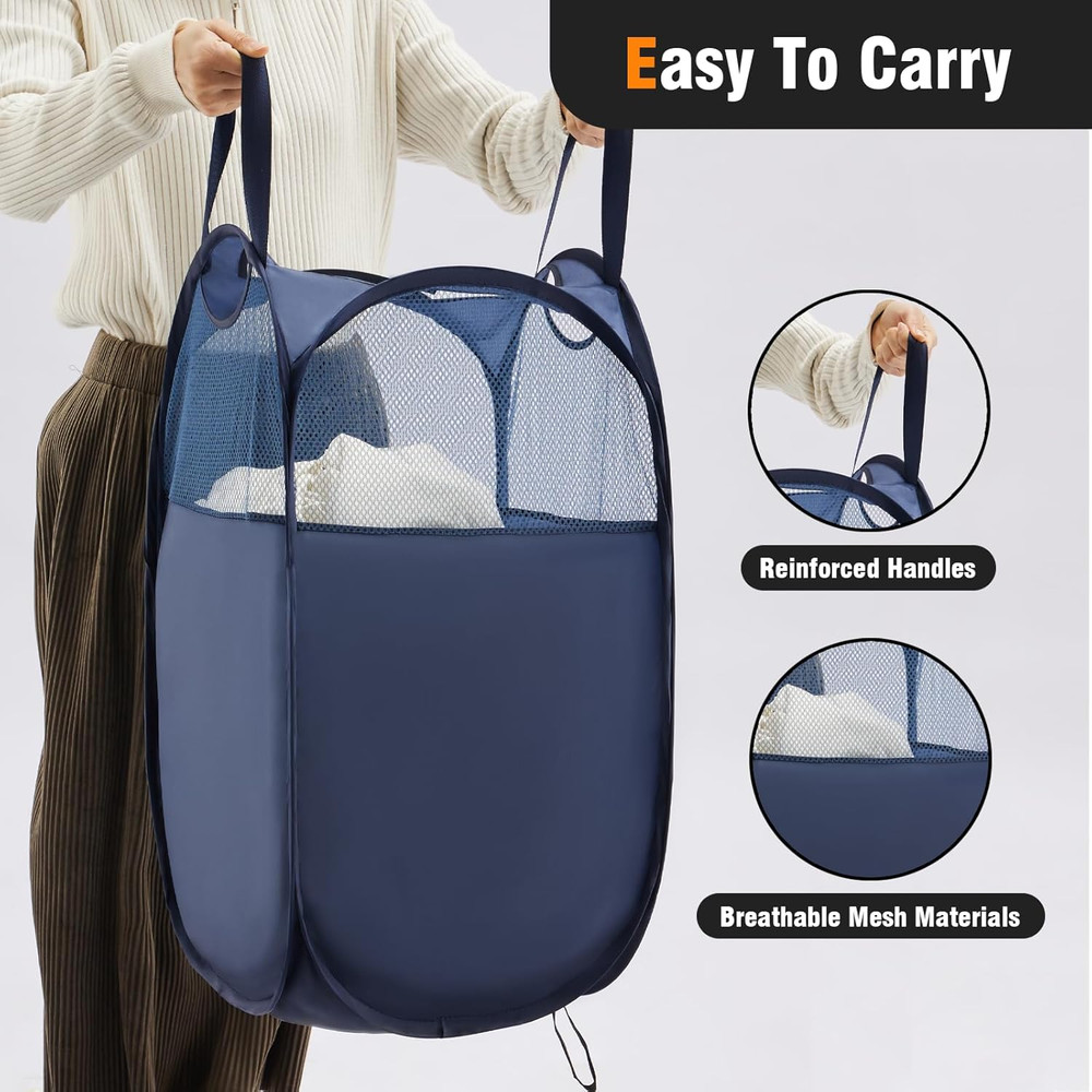 TECHMILLY Pop up Foldable Laundry Basket, Mesh Laundry Hamper with Reinforced Ha