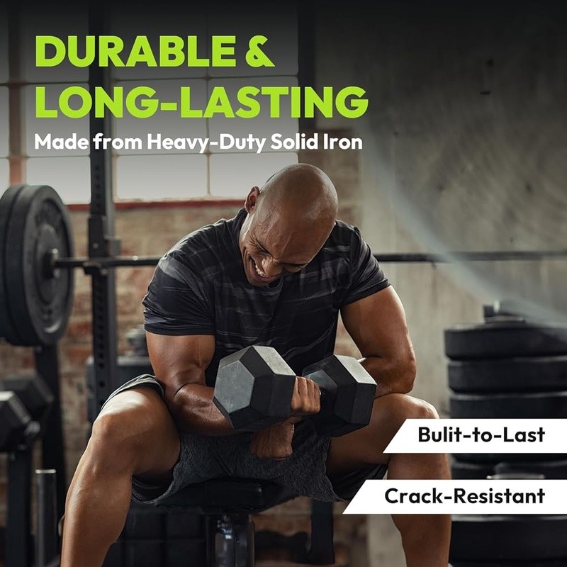 Solid Cast Iron Hex Dumbbells Rubber Encased Non-Slip Handle Strength Training