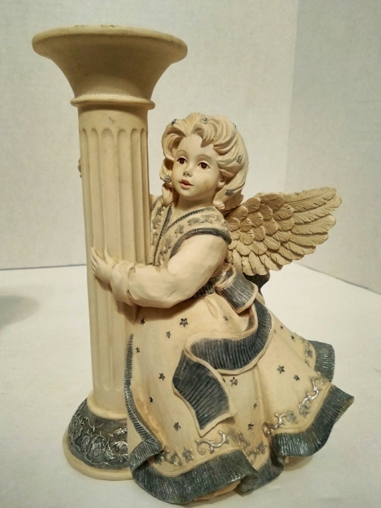 Sarah's Pair Angels Candle Holders White Blue Mindspring