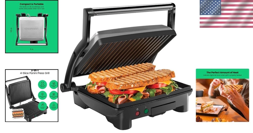 Adjustable Black Sandwich Maker with Non-Stick Grill Plates & Easy Clean Design