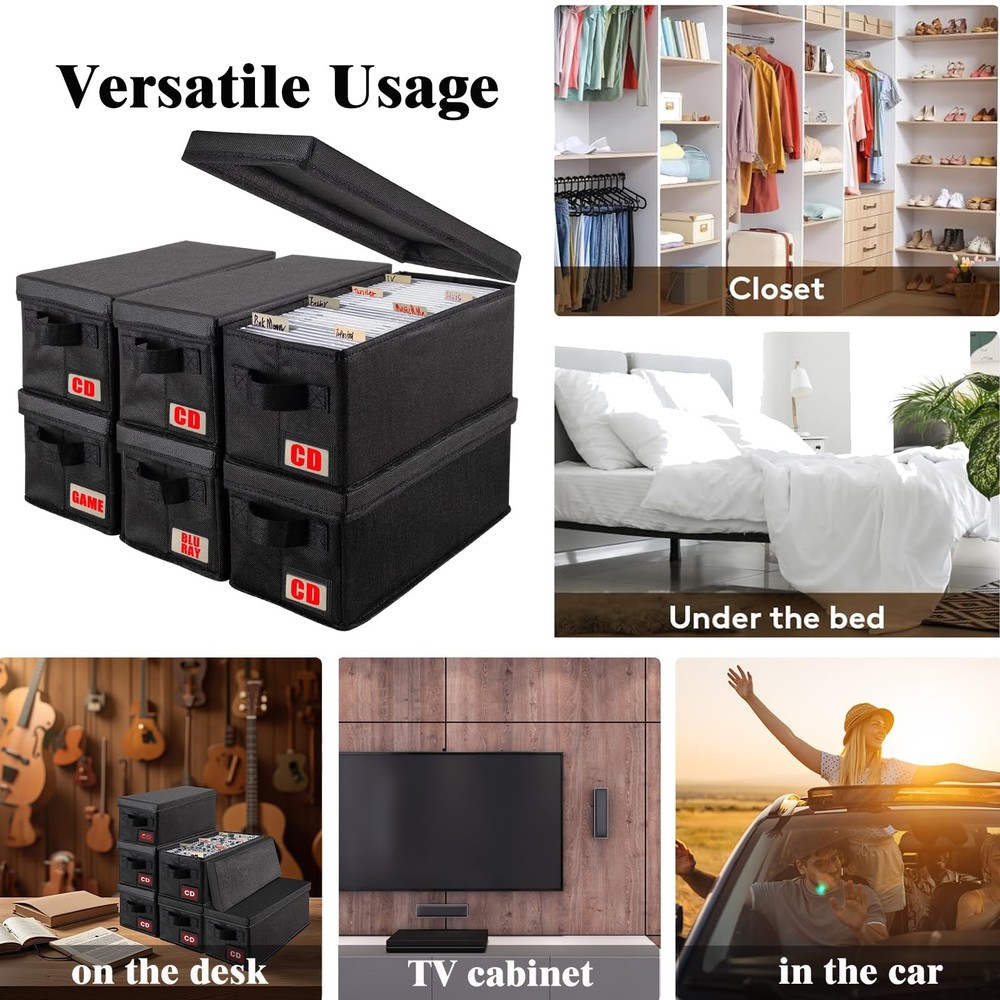 CD Storage Case, 6P CD Storage Boxes with Lids,Collapsible CD Organizer Holds...