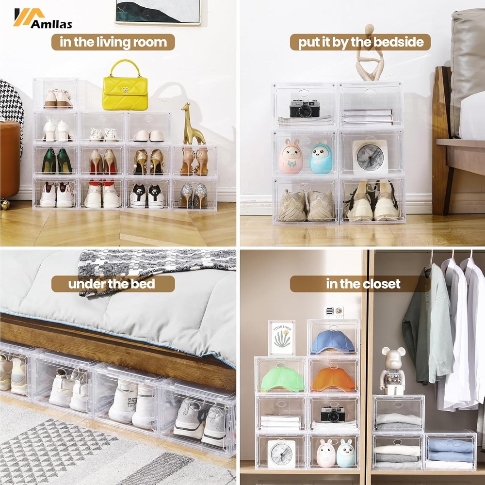 12 Pack Clear Shoe Boxes Stackable,Shoe Storage Boxes Closet,Sturdy Shoe Box