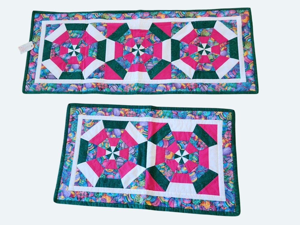 Quilted Easter Kaleidoscope Table Runners Set Vibrant Patterns Colors 26" & 36"