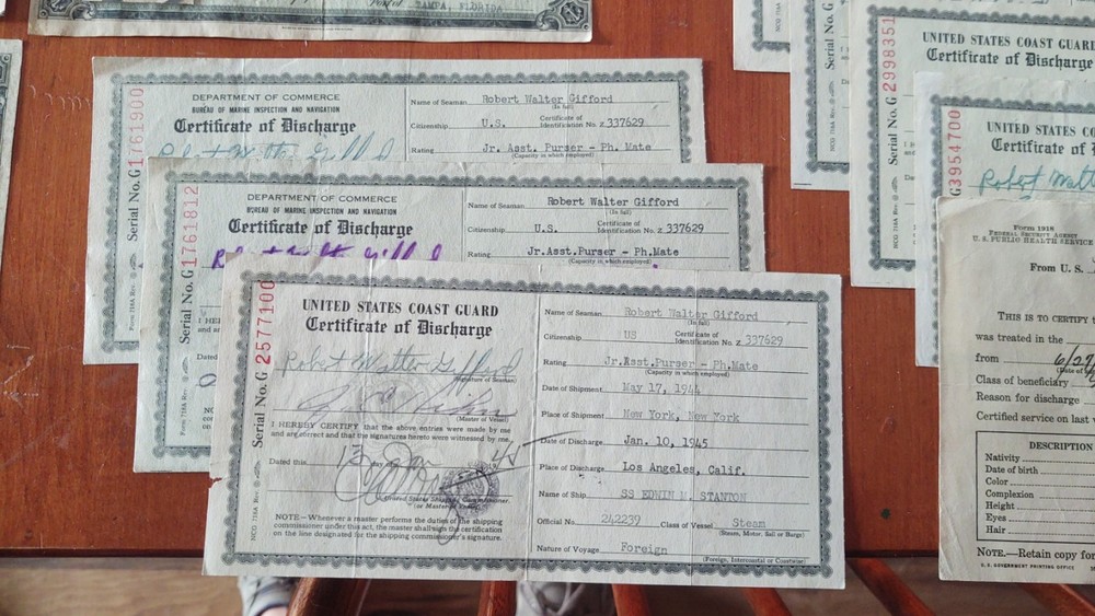 WW2 Document Grouping Robert Gifford Dept Commerce /Coast Guard , Egypt Pass