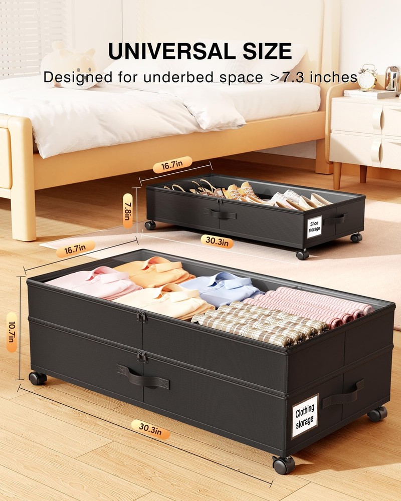 LeArex Under Bed Storage with Wheels,2Pack Underbed Shoe 2pcs, Black