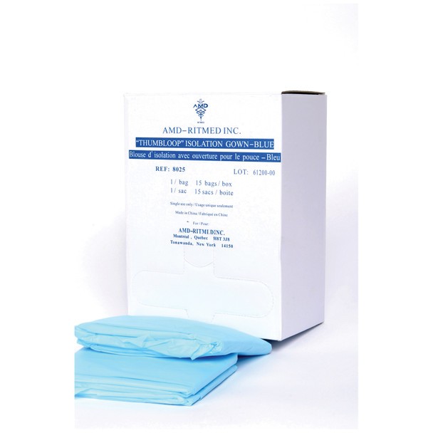 Medicom 8025 Impervious Gown Poly Thumb Loop Regular Blue 75/Pk