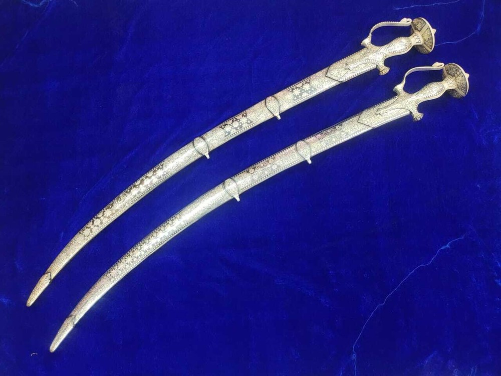 Handcrafted Indian Sword With Silver Koftgari Work Round Shape Handle