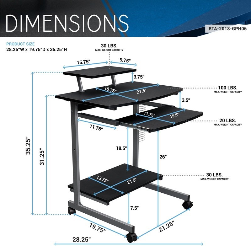 Mobile Workstation Compact Rolling Computer Cart Adjustable Shelf Keyboard Tray
