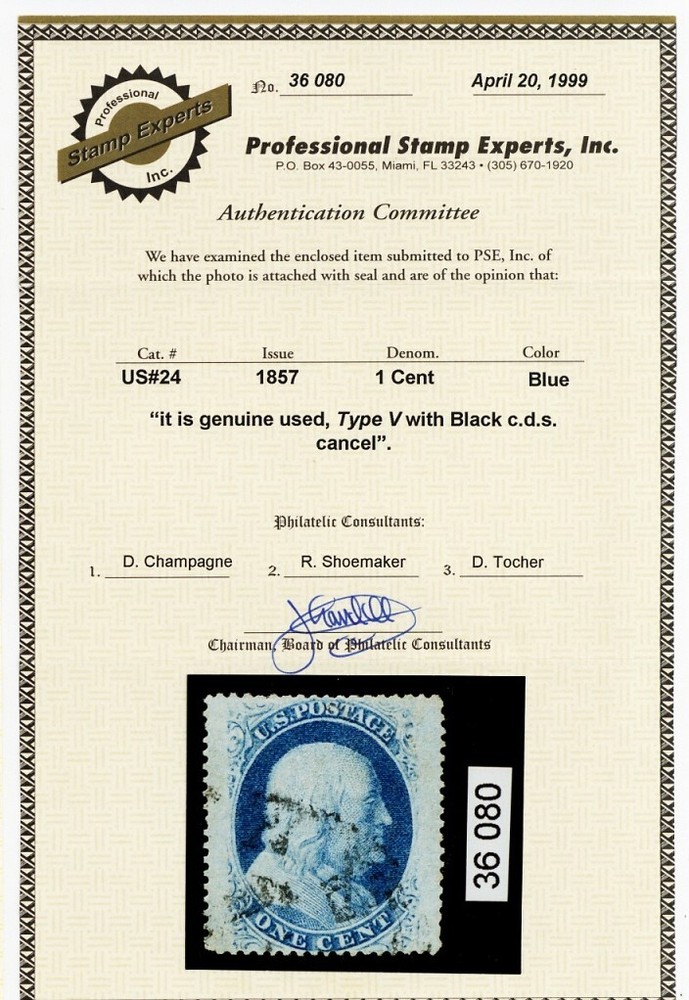 24, Used Superb 1¢ JUMBO With PSE Certificate * Stuart Katz