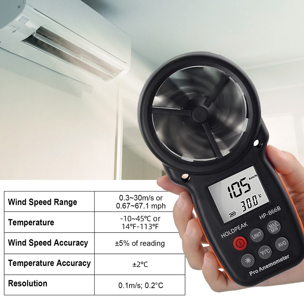 Digital Handheld Anemometer with Bluetooth & Temp Sensor - 30m/s Max Wind Speed