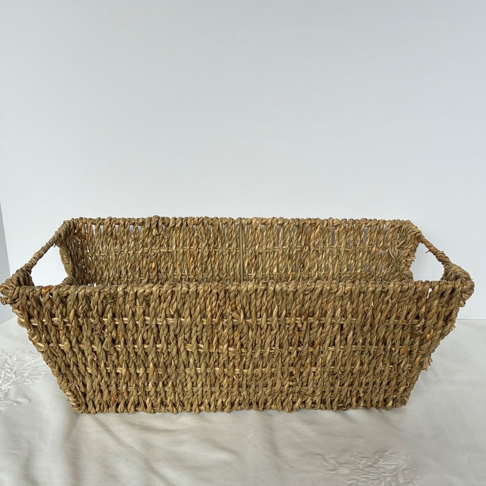 Seagrass Storage Basket Natural Tan Woven Rectangular Bin Handle Coastal Rustic