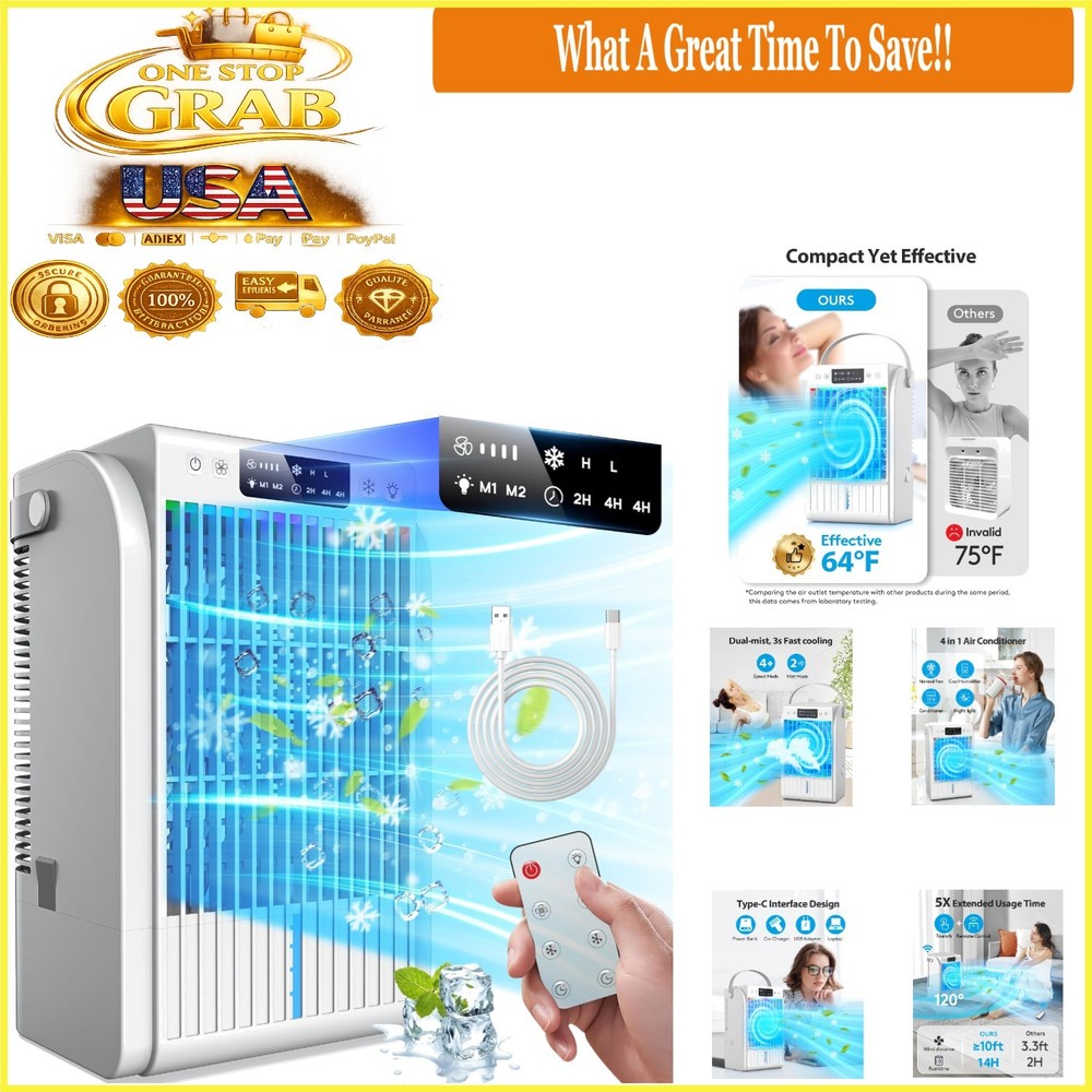 Portable Air Conditioner Fan 4-in-1 Mini Room Cooler Humidifier White