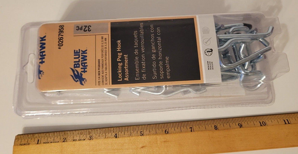 Blue Hawk Locking Peg Hook Assortment Fits 1/4" Pegboard 32 Piece Set NEW