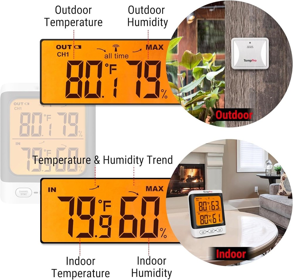 Large Backlit Display Outdoor Thermometer with Front Buttons