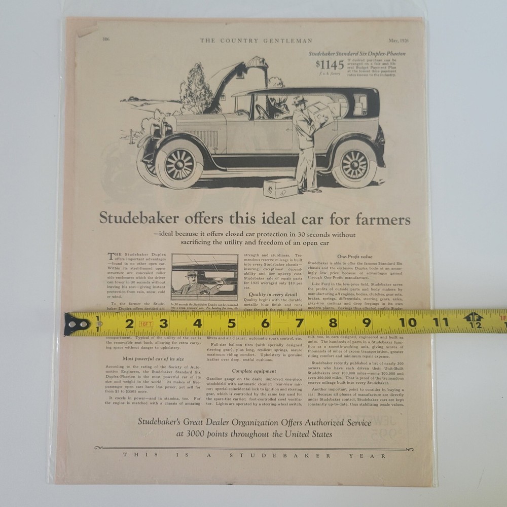 1926 STUDEBAKER Standard Six Duplex Phaeton Antique Car Ephemera AD