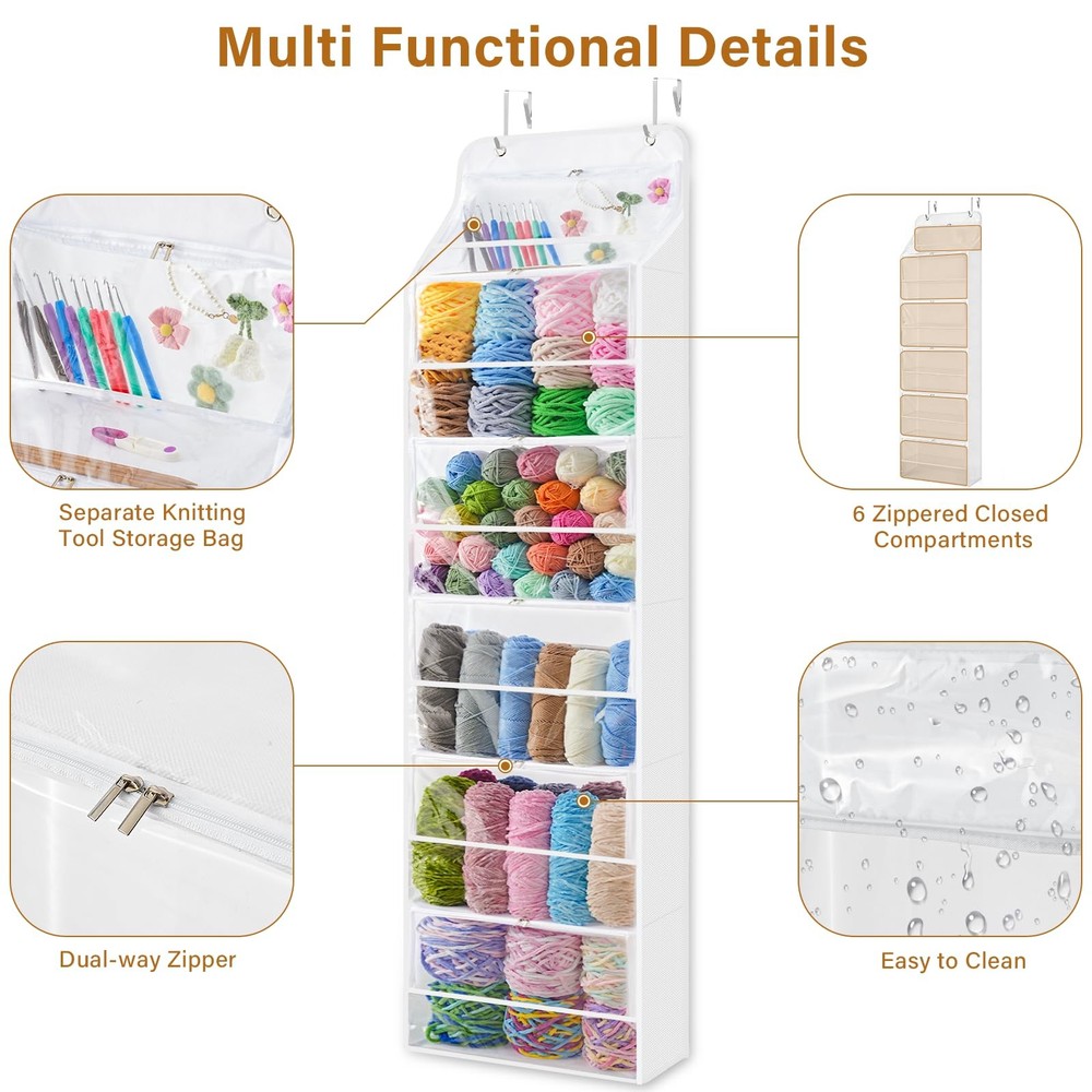 Hanging Yarn Storage Organizer with 6 Zippered Closure Clear White