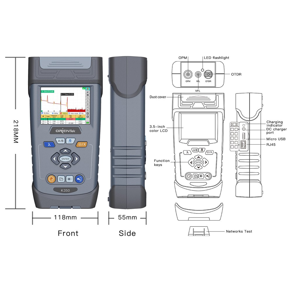 OTDR Tester OrienTek K350 SM 32/30dB 1:32 Spliters 128KM W/Link Map Function