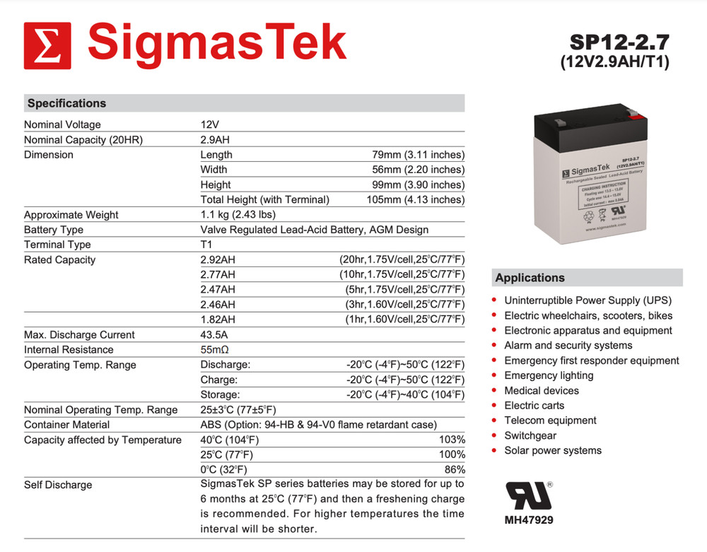 SigmasTek SP12-2.7 (T1) Battery Replacement for Power Source WP2.9-12 (91-140)