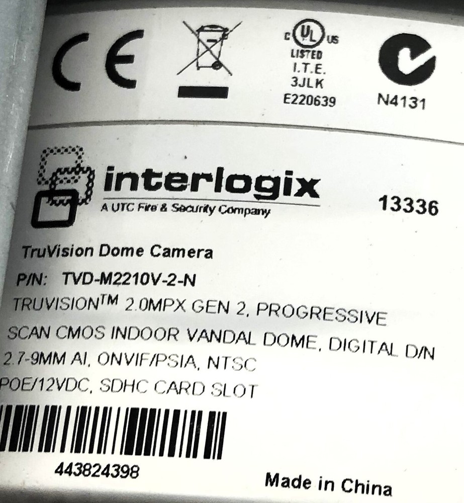 Interlogix TruVision Dome Camera W/ Mount (Untested) TVD-M2210V-2-N USED