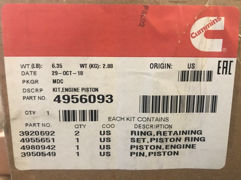 NEW Cummins Genuine Part 4956093 KIT,ENGINE PISTON